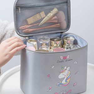 1pc Cartoon Gray Barrel Large Capacity Travel Portable Makeup Bag For Women Girls