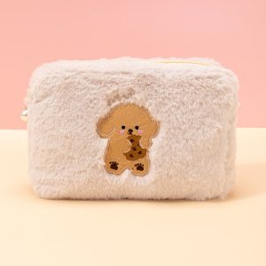 1pc Beige Plush Cookie Cute Puppy Large Capacity Soft Octagonal Bag Makeup Bag For Women Girls
