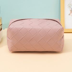 1pc Pink Plaid Portable Large Capacity Travel Storage Makeup Bag For Women Girls