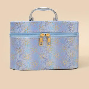 1pc Sky Blue Bronzing Florets Portable Large Capacity Storage Makeup Bag